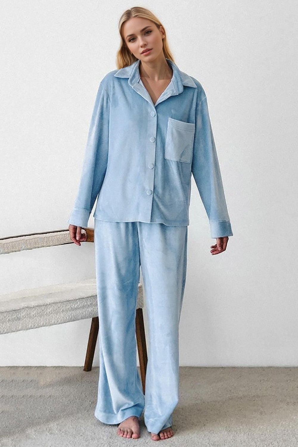 Basic Bae Buttery-Soft Collared Neck Button Up Top and Pants Set Trendsi