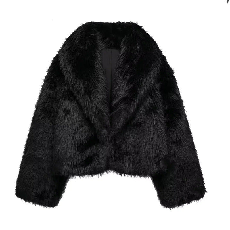 Artificial Fur Effect Polo Collar Jacket Loose Slimming Casual Jacket ARZ