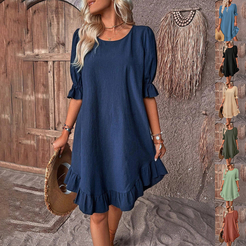 Fashion Ruffle Short-sleeved Dress Summer Solid Color Round Neck Loose Straight Dresses Womens Clothing ARZ