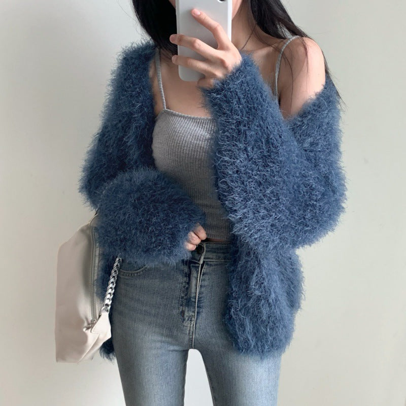 Lazy V-neck Cropped Sweater Coat Women ARZ