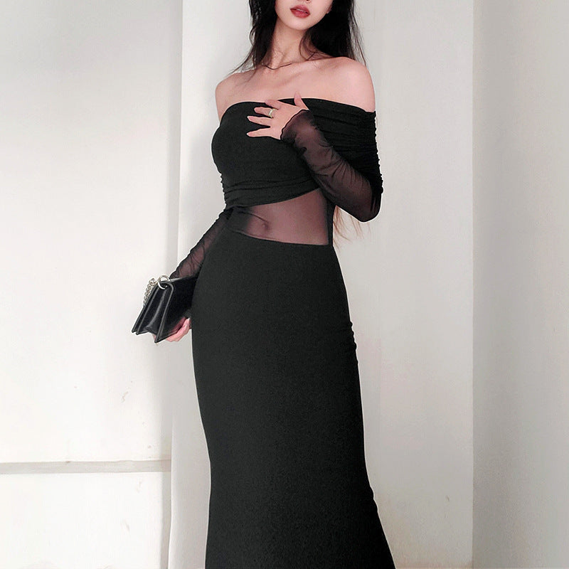 Women's Winter Sexy Off-the-shoulder Pleated Long Sleeve Polyester Dress ARZ