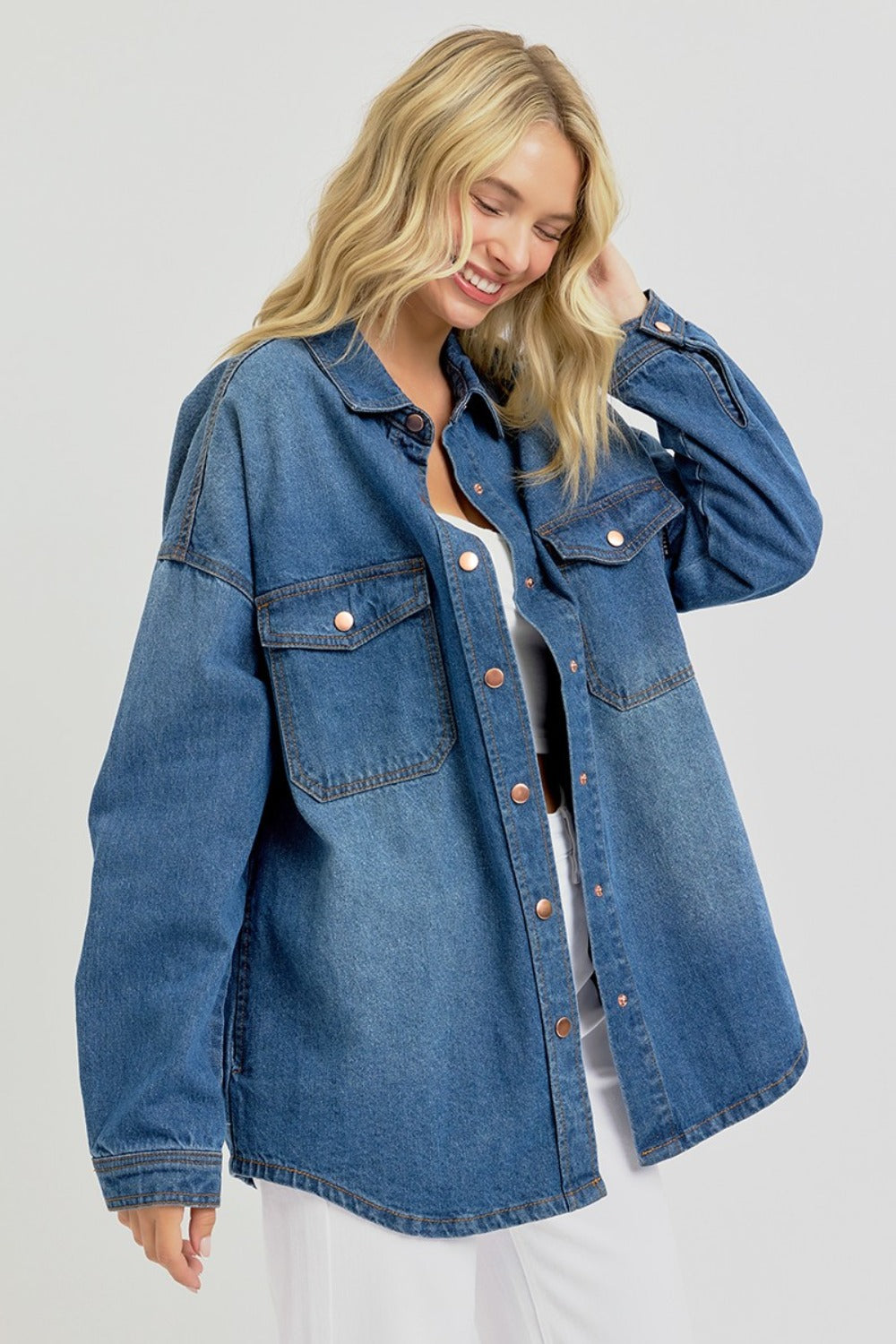 RISEN Full Size Snap Down Long Sleeve Denim Shacket Trendsi