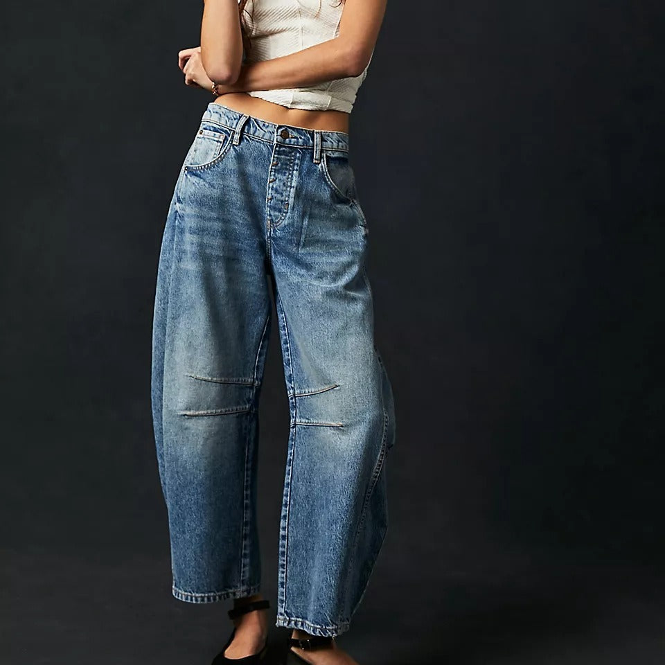 High Stretch Mid-Rise Barrel Jeans Fashion Wide Leg Shape Women Casual Baggy Mid Waist Denim Jeans ARZ