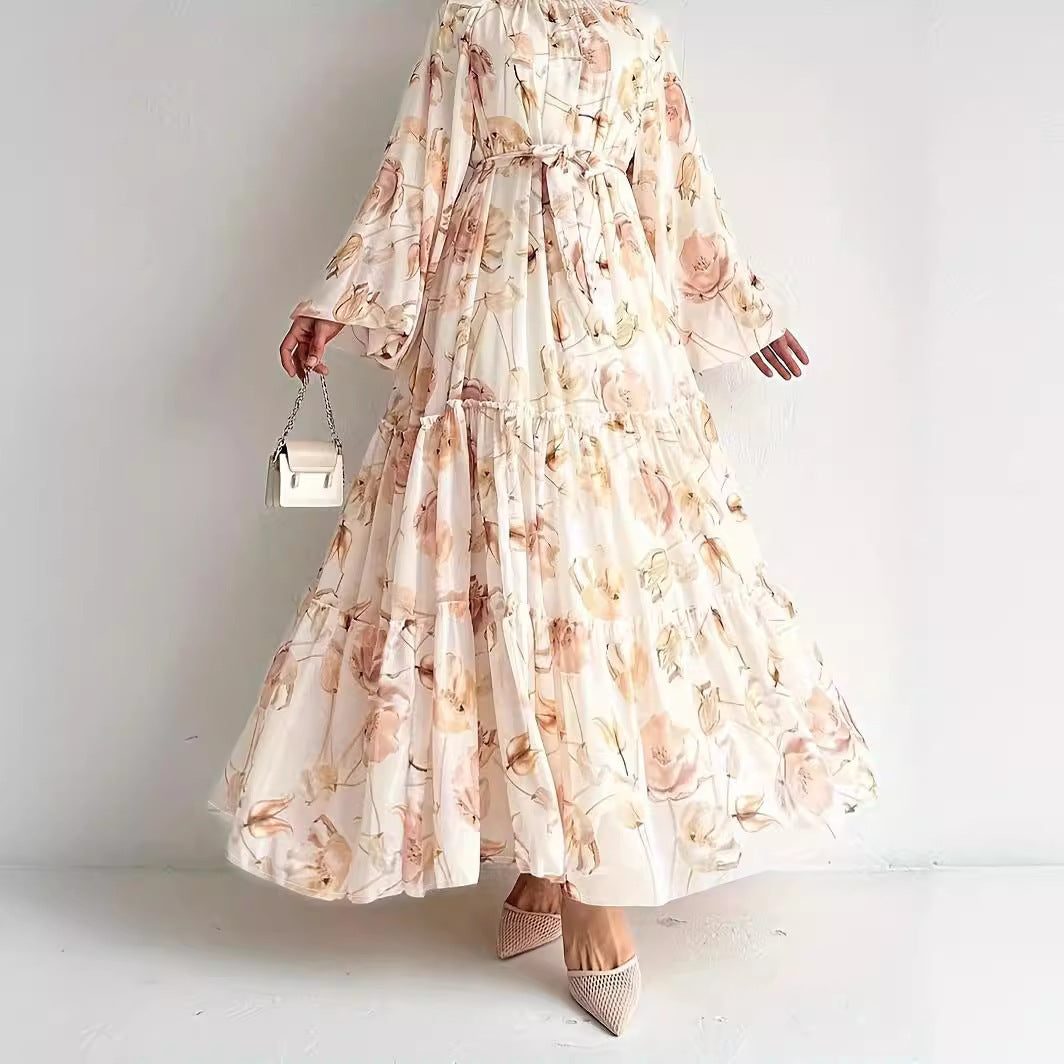 Middle East Chiffon Flower Print Long Fashion Elegant Dress ARZ