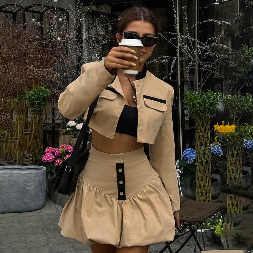 Autumn Commuter Professional Bud Skirt Suit Fashion Colorblock Coat Short Skirt Two-piece Set ARZ