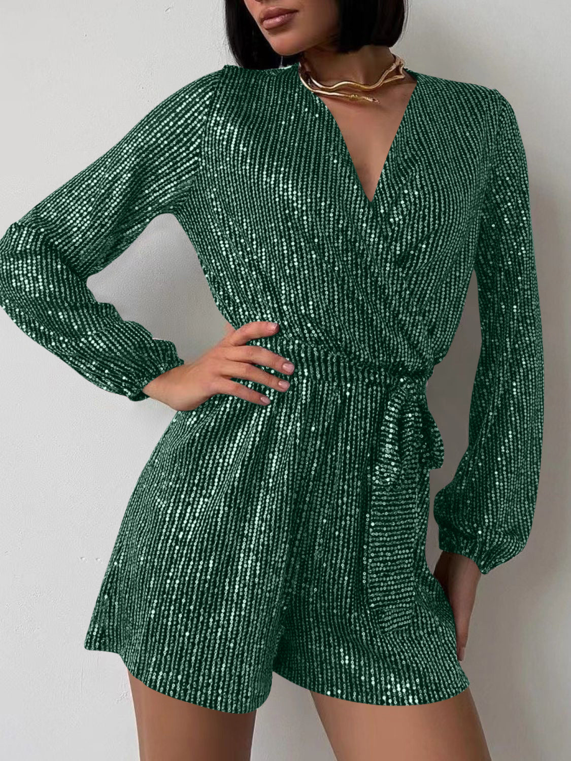 Full Size Sequin Surplice Tie Waist Long Sleeve Romper Trendsi