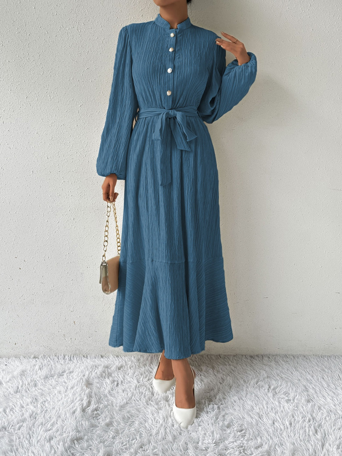 Honey Tie Waist Long Sleeve Dress Trendsi