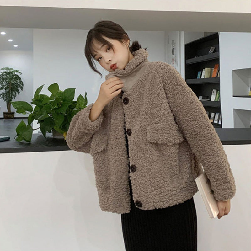 Lamb Wool Coat Women's Short Autumn And Winter Loose Plush Top Thickened ARZ