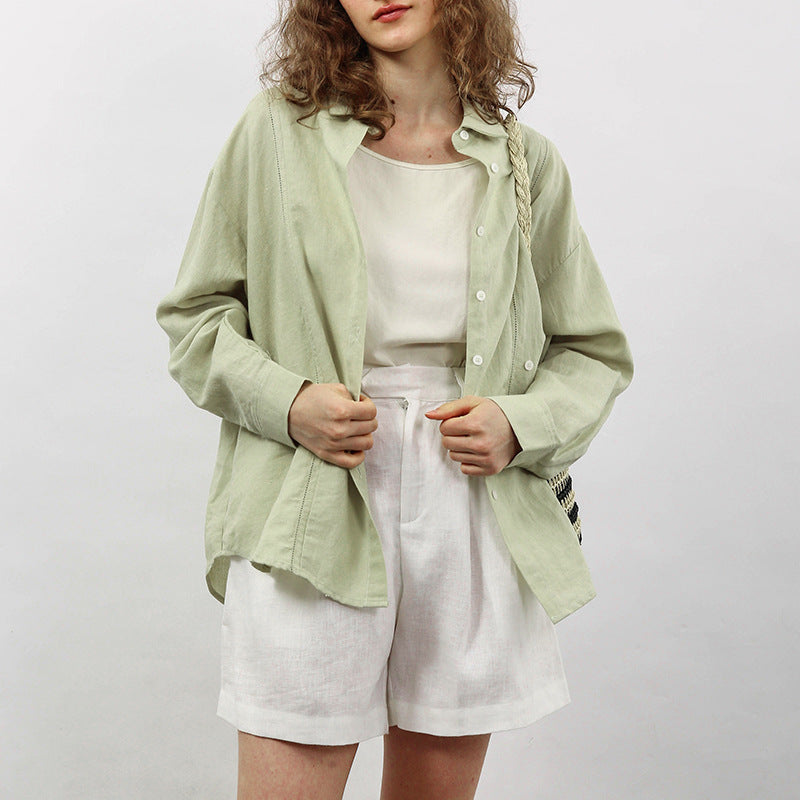 Linen Shirt French Hollow Embroidered Loose Long Sleeve Blouse ARZ