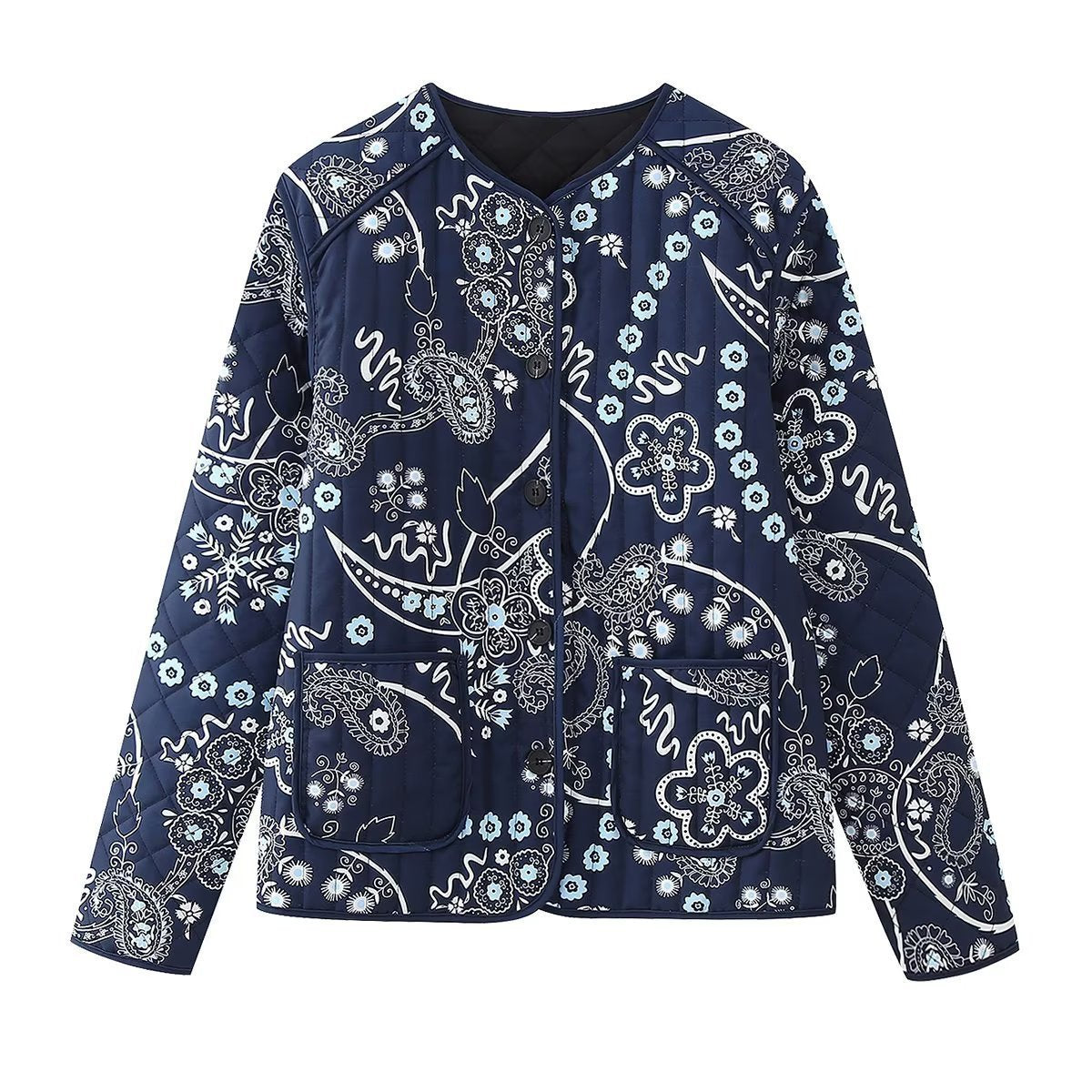 Winter Quilted Cotton Printed Round Neck Cotton Coat For Women ARZ