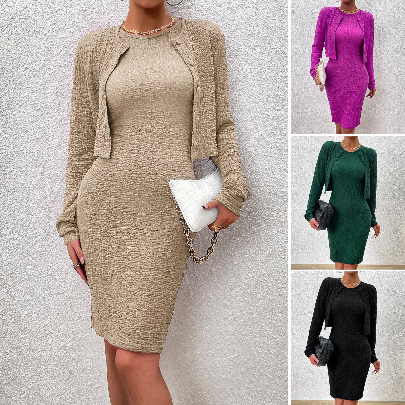 Women's Stylish Temperament Long Sleeves Top Round Neck Sheath Dress Suit ARZ