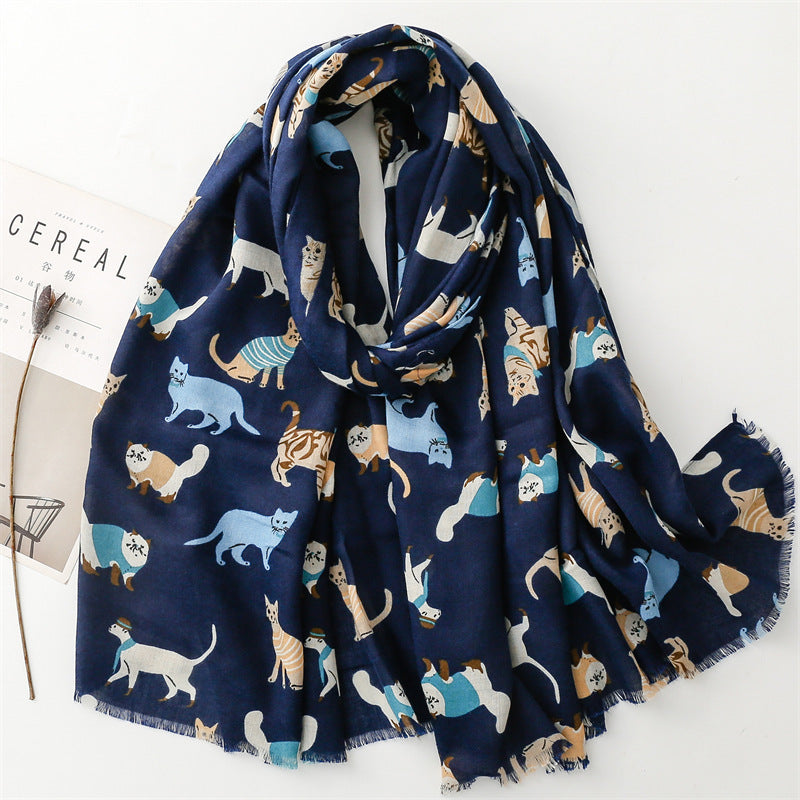 Cotton And Linen Hand Scarf Fashion Cat Cartoon Thermal Shawl ARZ