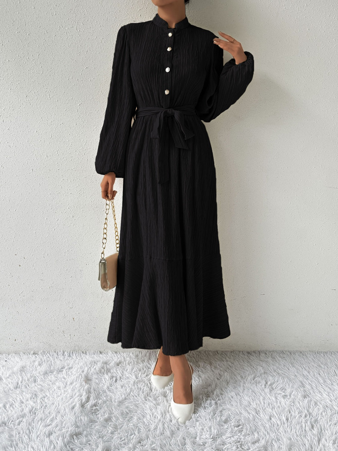 Honey Tie Waist Long Sleeve Dress Trendsi