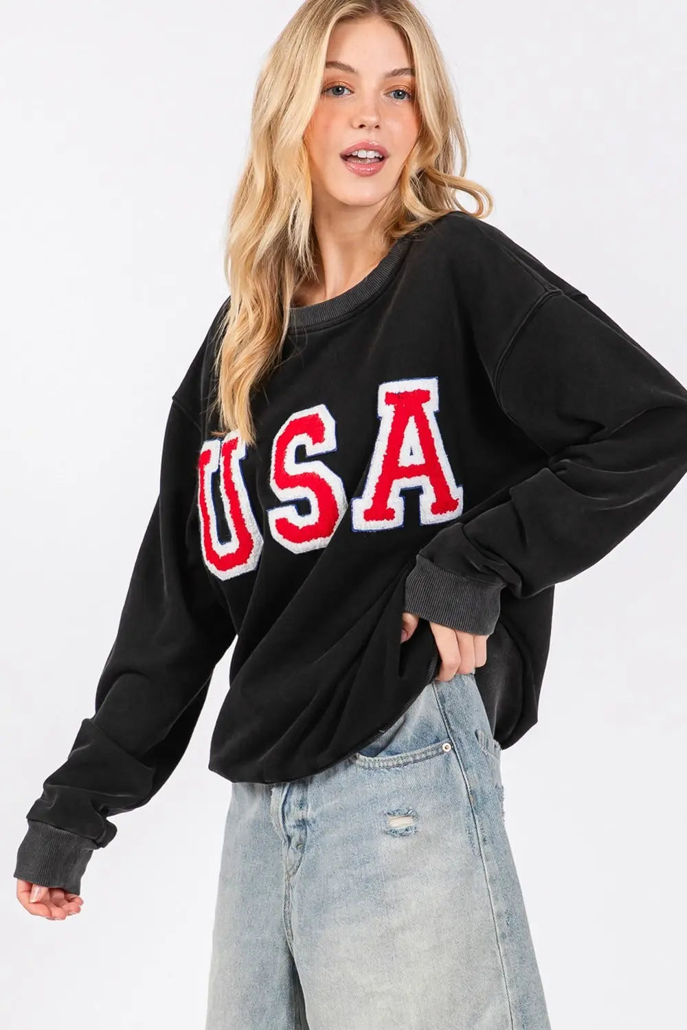 SAGE + FIG USA Letter Patch Round Neck Sweatshirt Trendsi