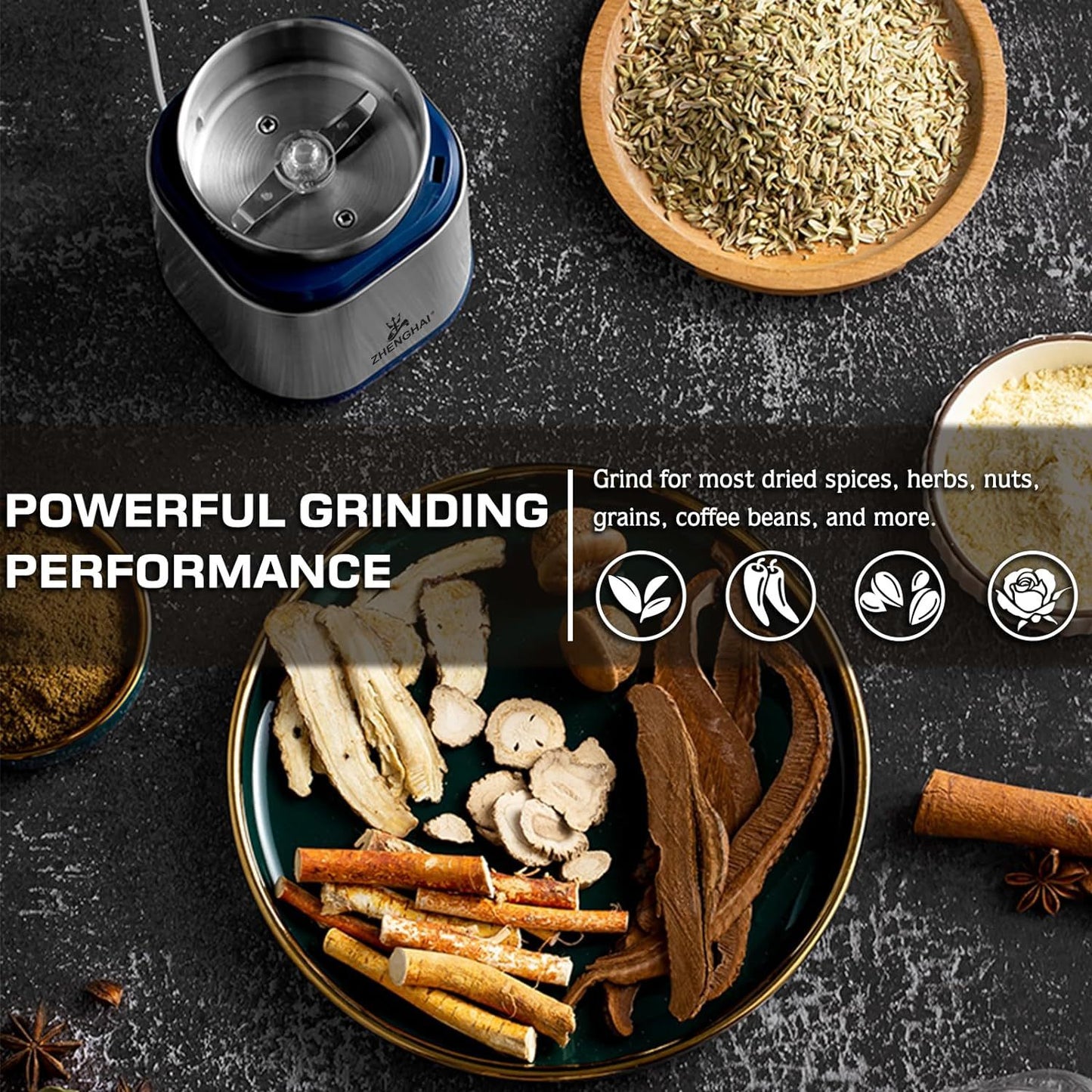 Electric Grinder For Herb,pice,Pollen And Coffee Fast Grinding For Flower Buds,Dry Spices,And Herbs Compact Size  Silver ARZ