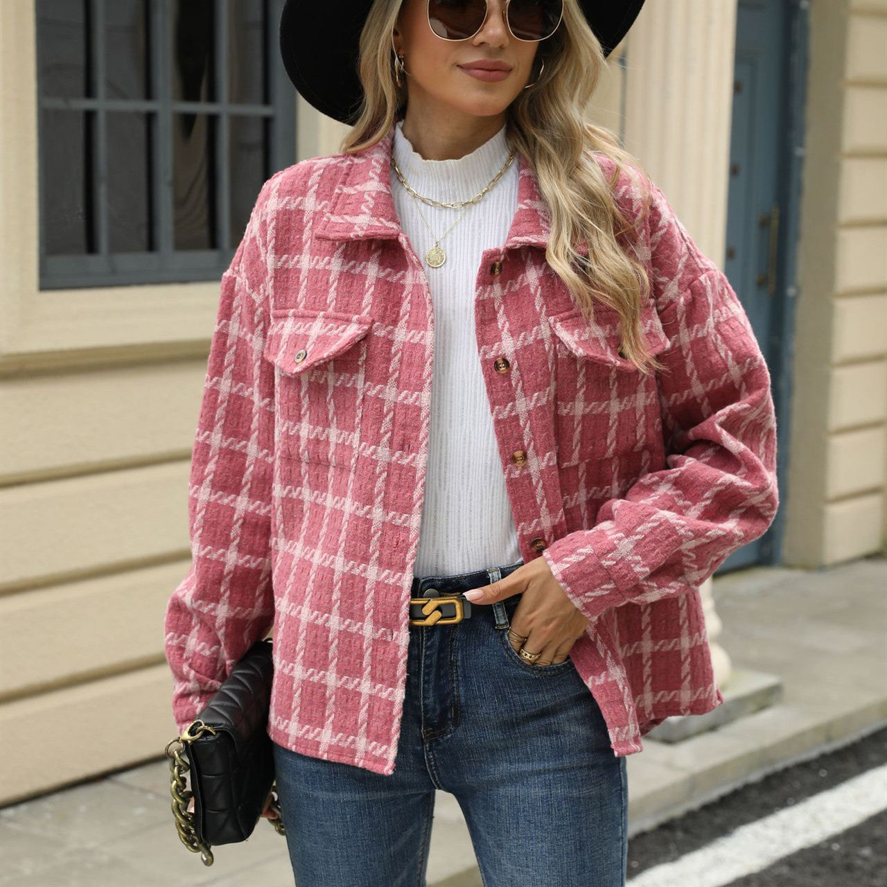 Women's Lapel Plaid Long Sleeve Baggy Coat ARZ