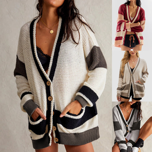 Knitted Coat Plus Size Pocket Color Matching Cardigan Sweater ARZ