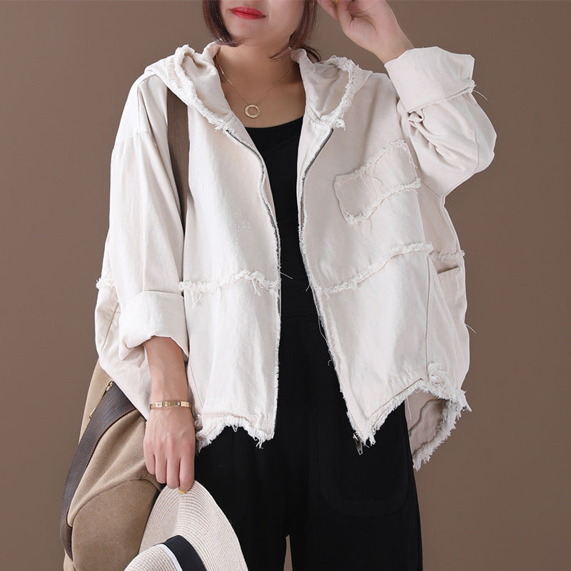 Korean style loose large size literary hooded raw edge washed distressed denim short jacket ARZ