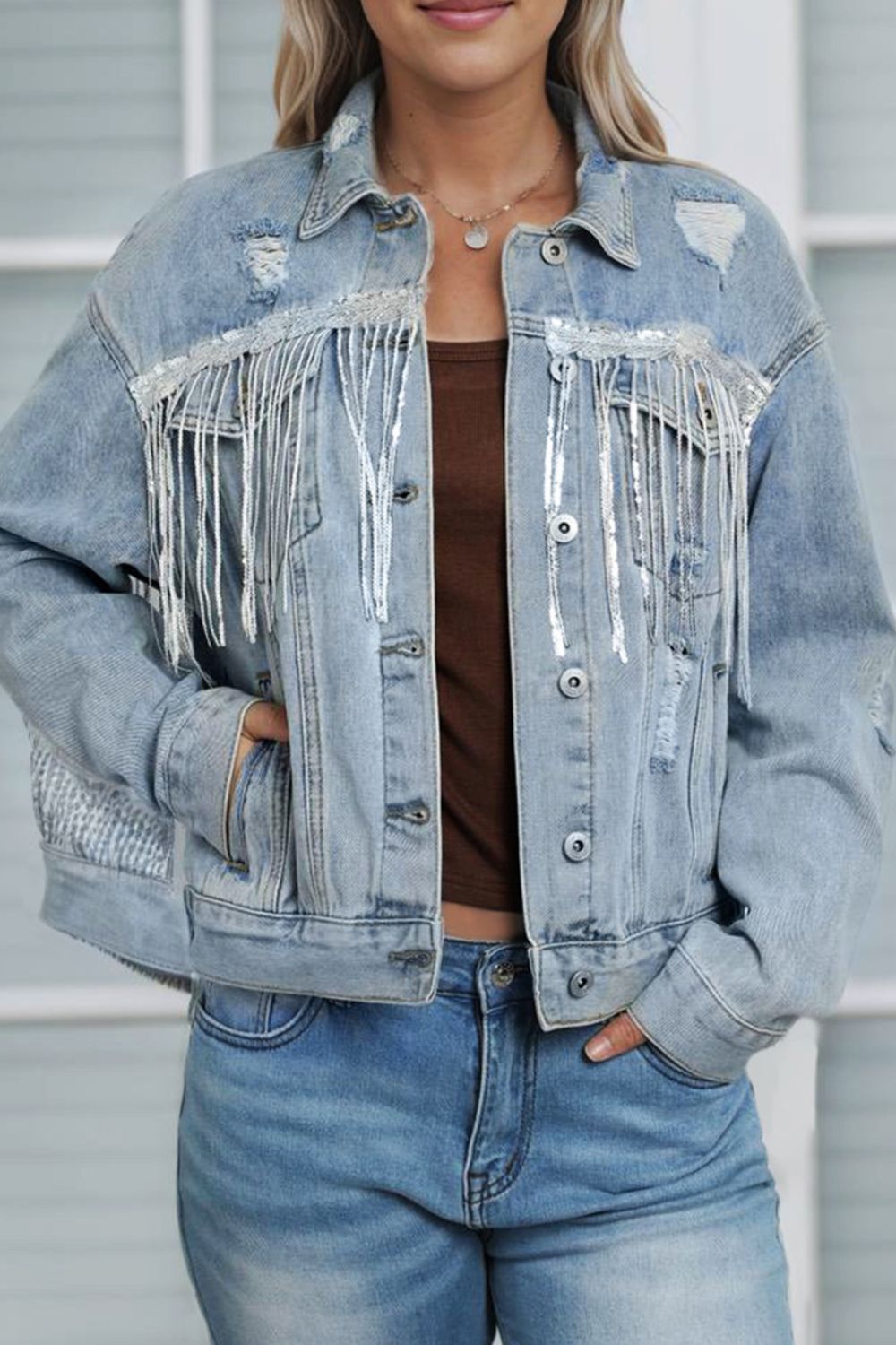 Sequin Fringe Trim Distressed Button Up Denim Jacket Trendsi