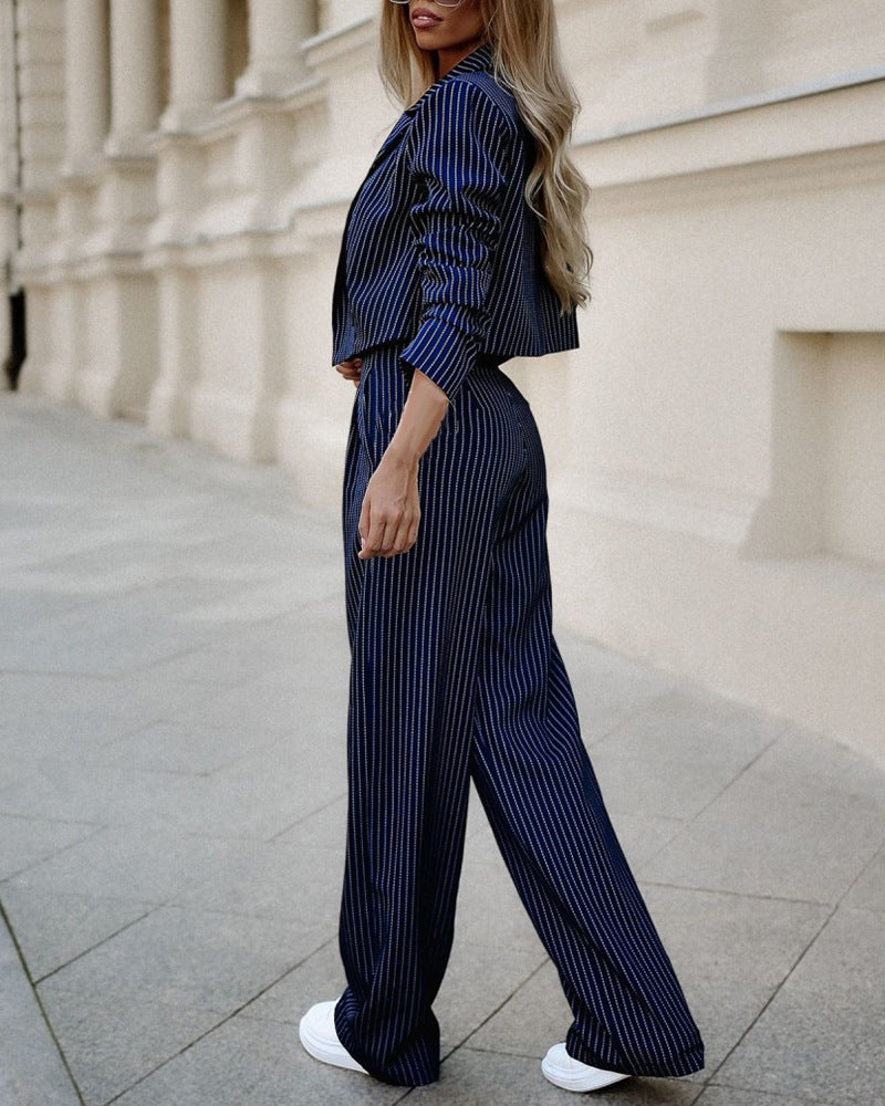 Fashion Striped Suits Casual Lapel Long Sleeve Cropped Top And Straight Pants Outfits Women's Clothing ARZ