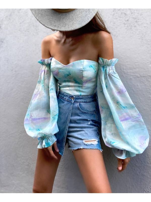 Sexy Off-shoulder Wrapped Chest Printed Lantern Sleeve Chiffon Shirt Blouse ARZ