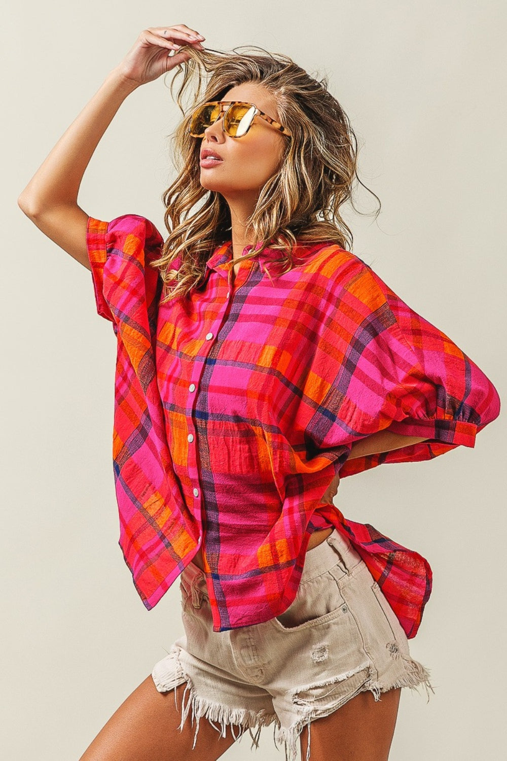 BiBi Button Up Dolman Sleeve Plaid Shirt Trendsi