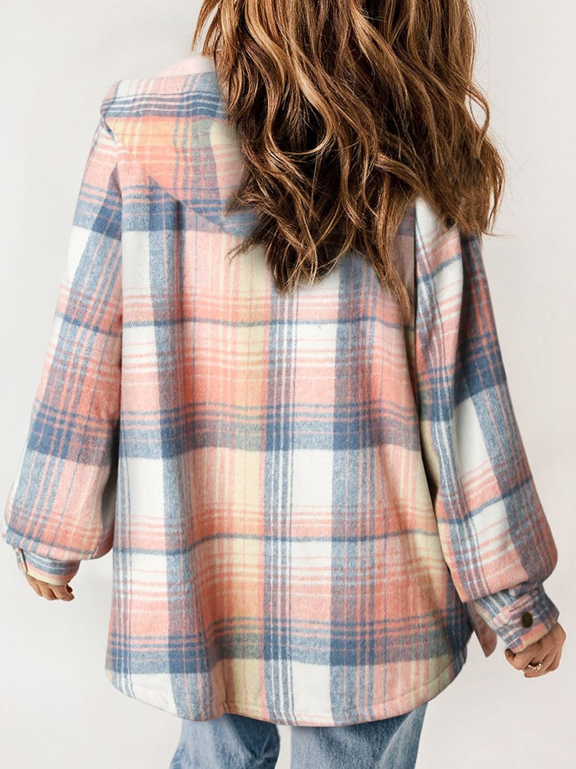 Plaid Snap Down Plush Hooded Jacket Trendsi