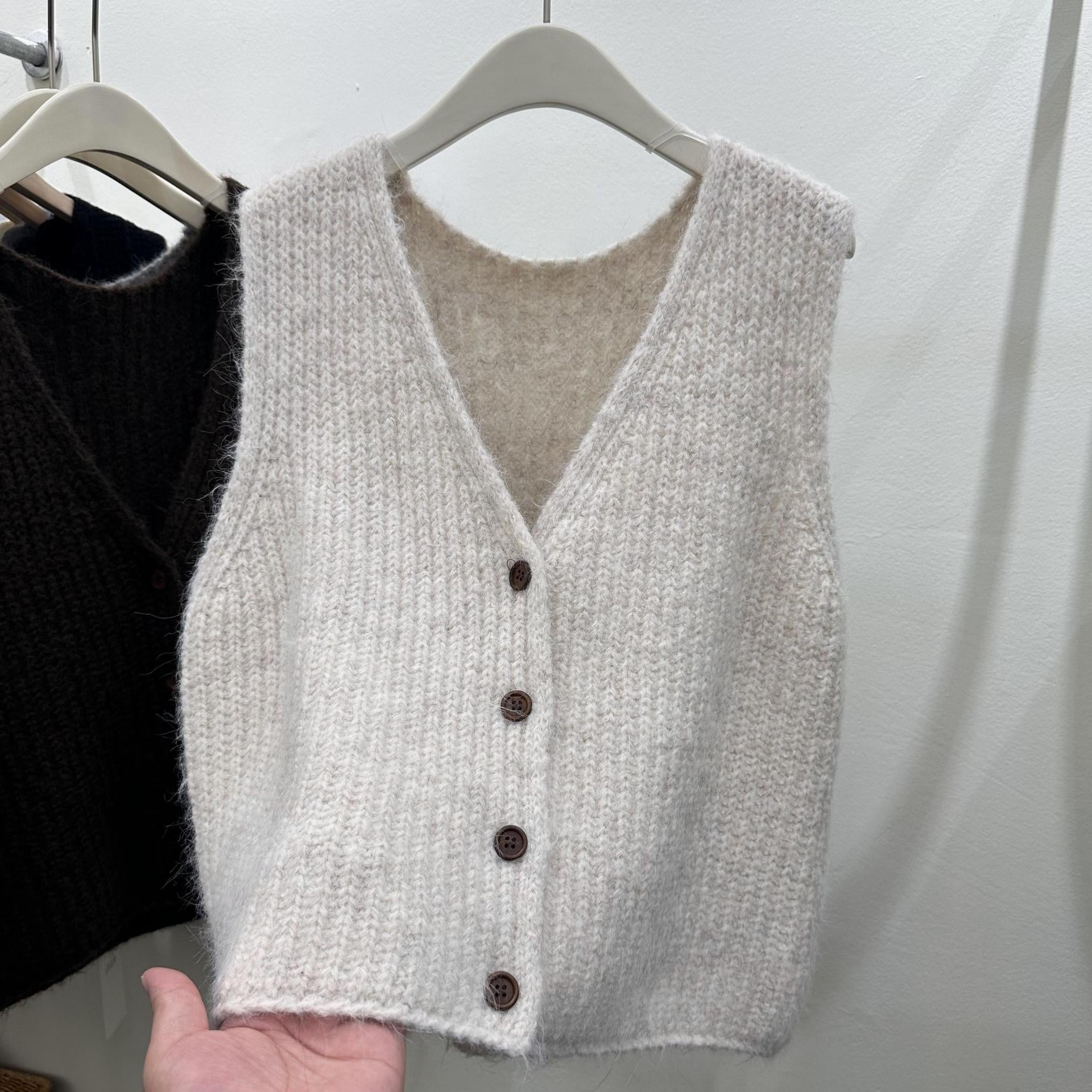 Solid Color Loose-fitting Versatile Sleeveless Cardigan Sweater Vest Women's Knitted Vest Waistcoat Top ARZ