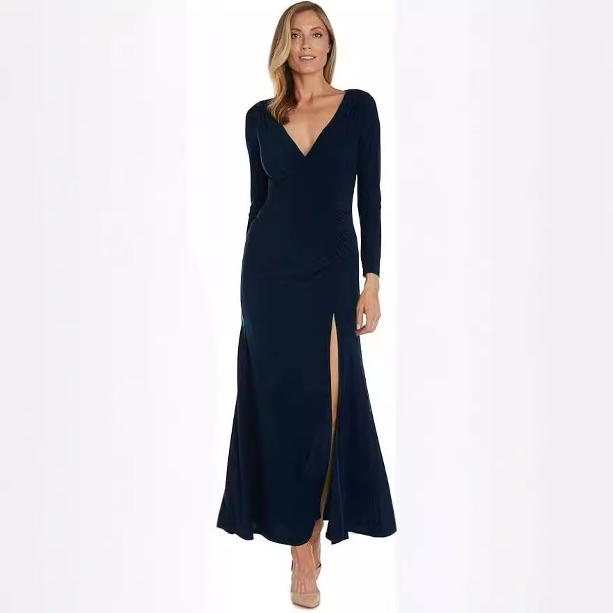 Skinny V-neck Pleated Long Sleeve Dress ARZ