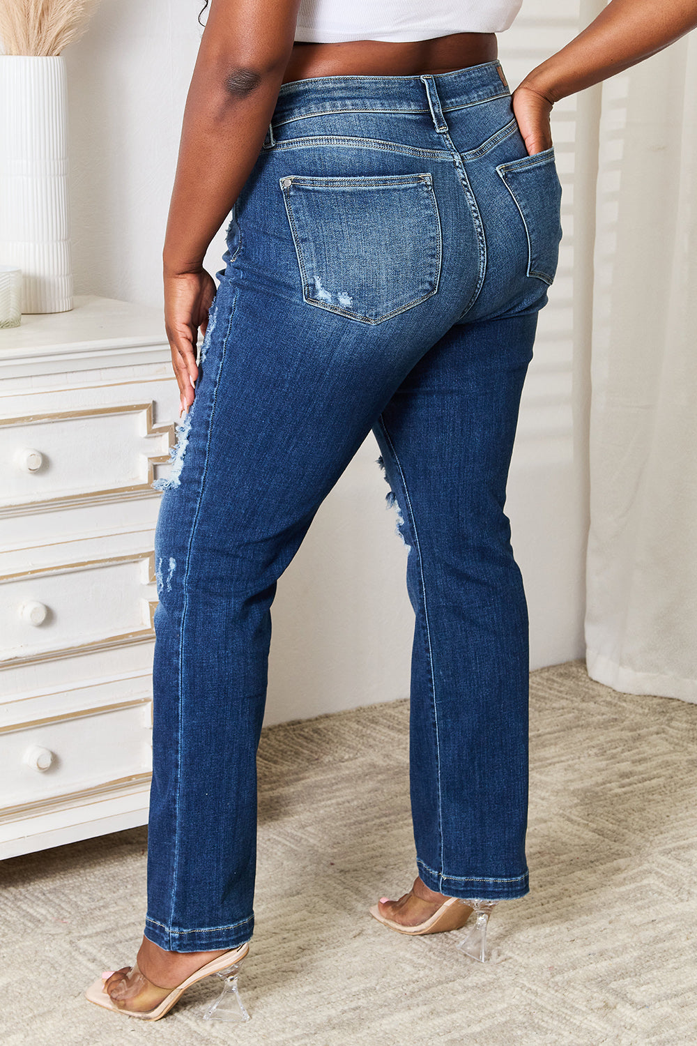 Judy Blue Full Size Mid Rise Hand Sand & Destroy Bootcut Jeans Trendsi