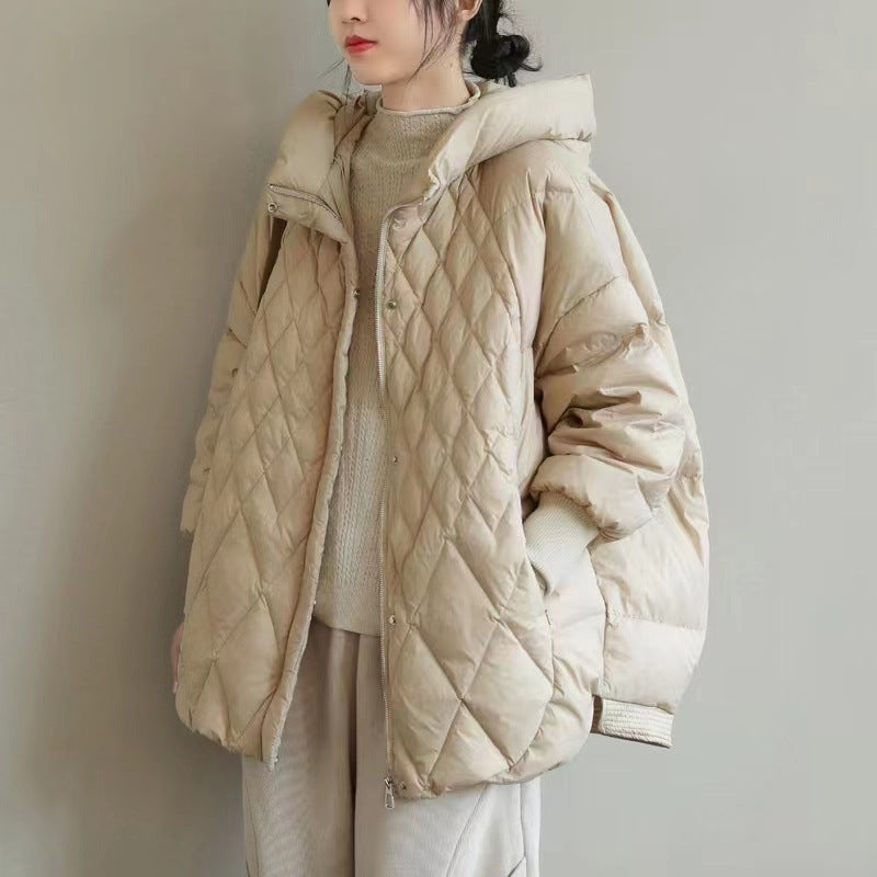 Diamond Lattice Artistic Loose White Duck Down Jacket ARZ