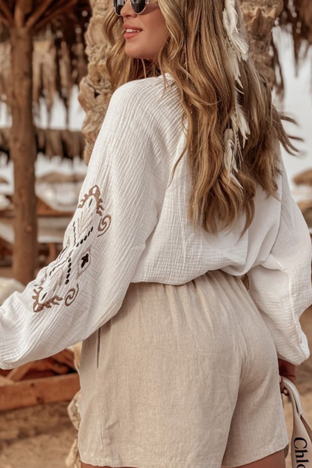 Embroidered Button Down Long Sleeve Shirt Trendsi