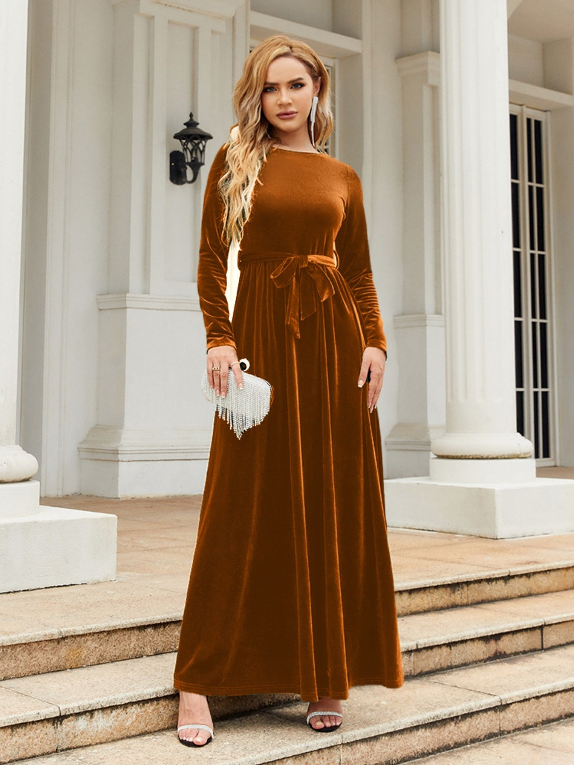 Tie Front Round Neck Long Sleeve Maxi Dress Trendsi