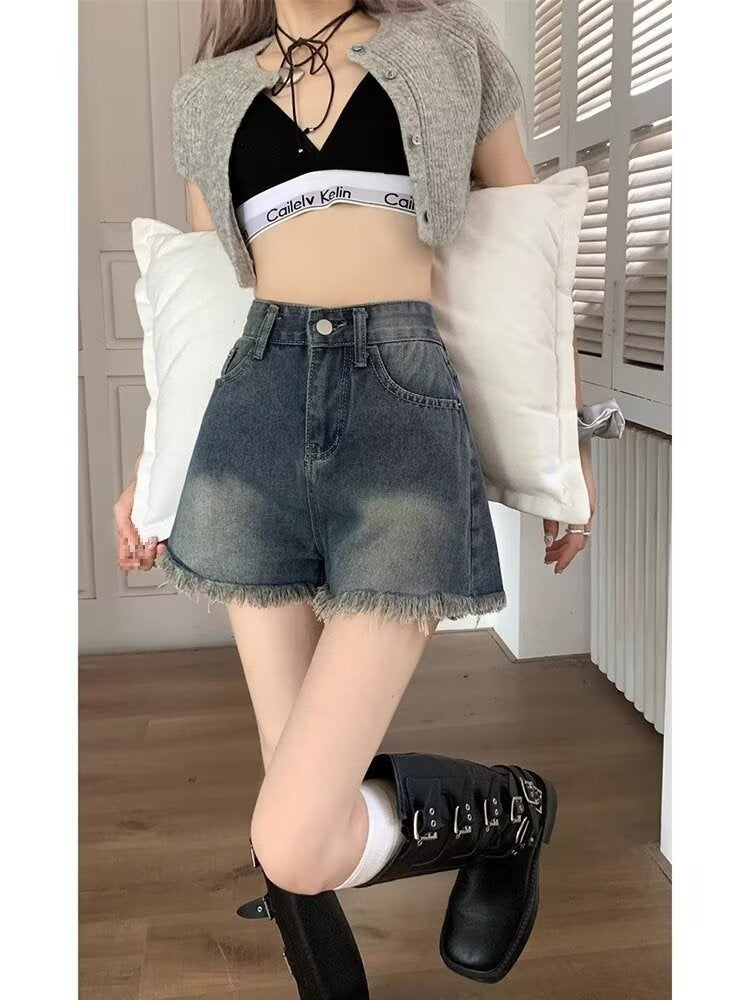 American Style Fringed Burr Denim Shorts Slimming And Wide Leg High Waist Loose ARZ