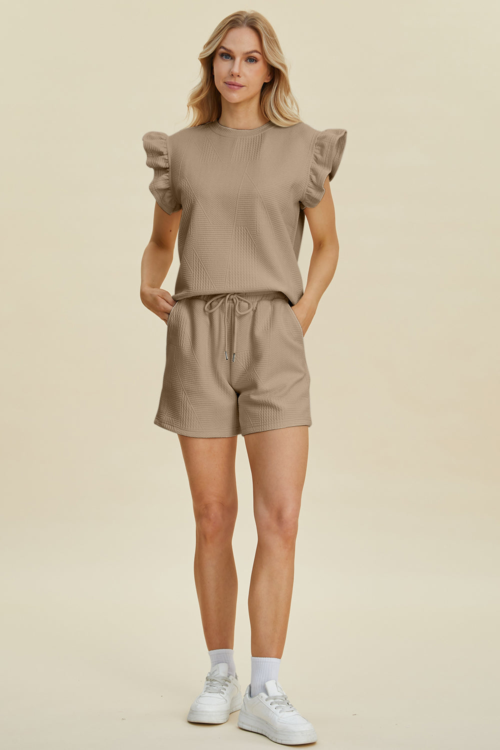 Double Take Full Size Texture Round Neck Ruffle Sleeve Top and Shorts Set Trendsi