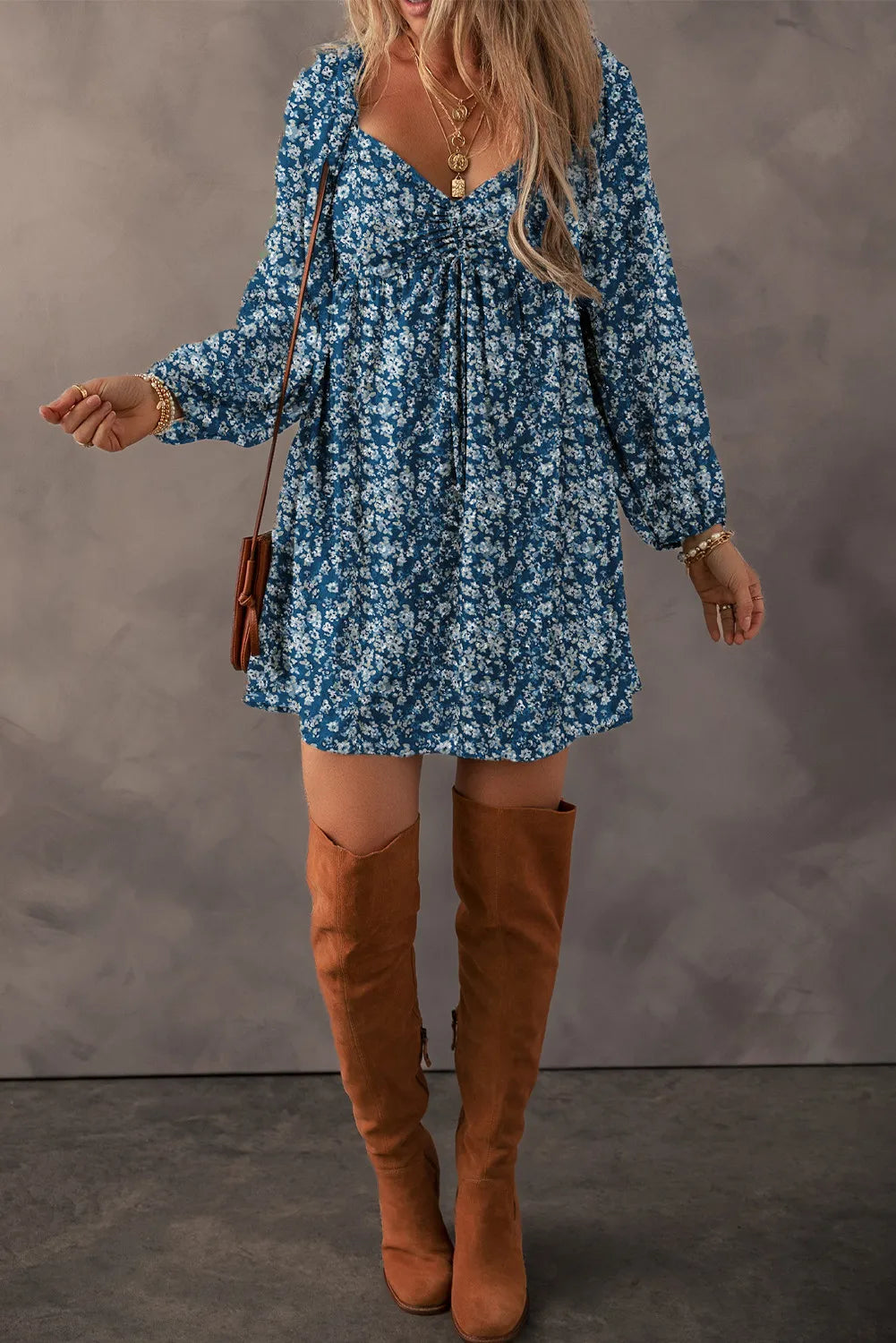 Ruched Printed Long Sleeve Mini Dress Trendsi