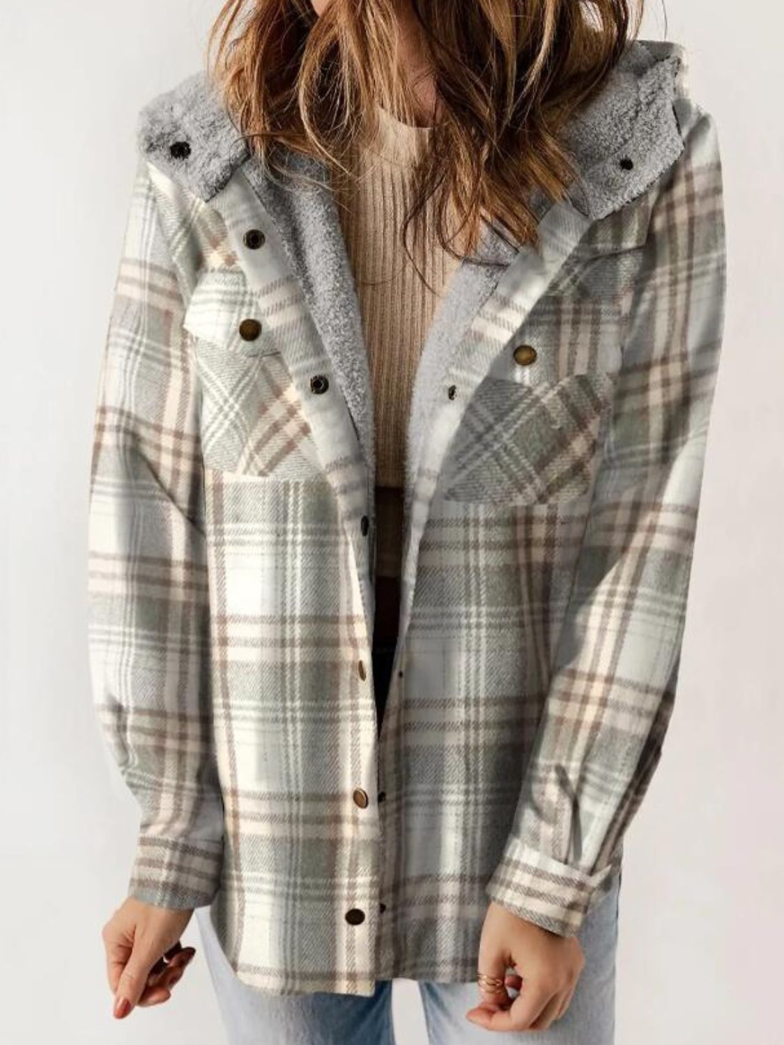 Plaid Snap Down Plush Hooded Jacket Trendsi