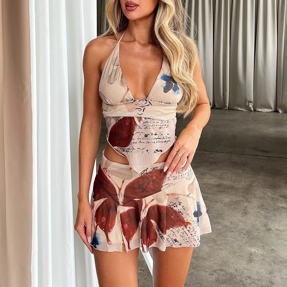 2Pcs Printed Suit Summer Sexy V-neck Halter Top And Pleated Short Skirt Women's Dress Set Clothing ARZ