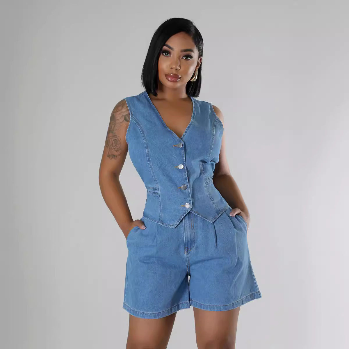 Fashion Casual Sleeveless High Waist Women's Denim Shorts Suit ARZ