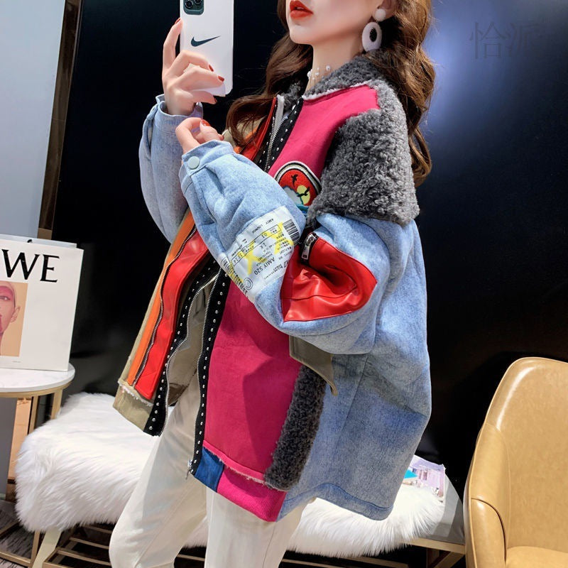 Women's Winter Loose Plus Size Lamb Wool Stitching Denim Coat ARZ