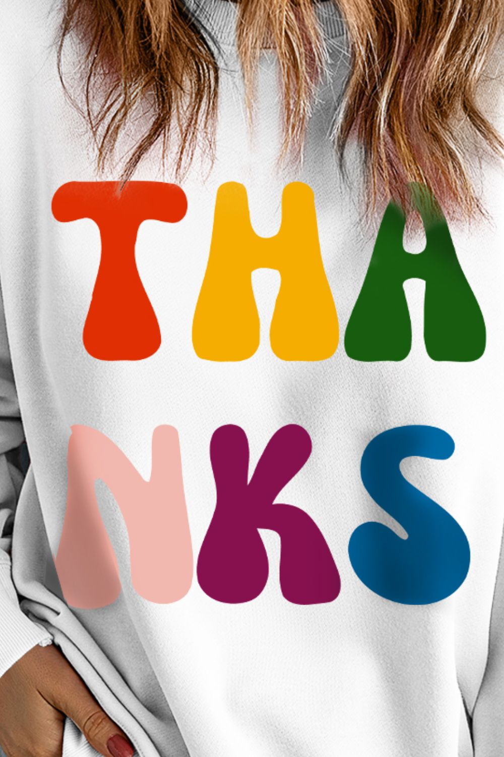 THANKS Round Neck Long Sleeve Sweatshirt Trendsi