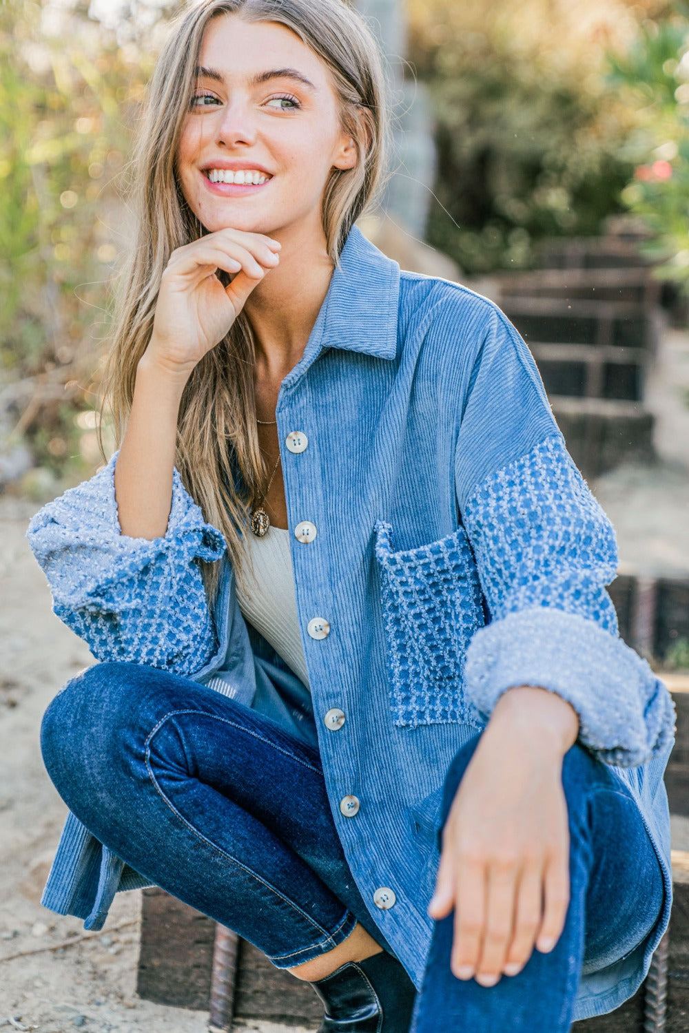 And The Why Button Down Corduroy Contrast Texture Long Sleeve Shacket Trendsi