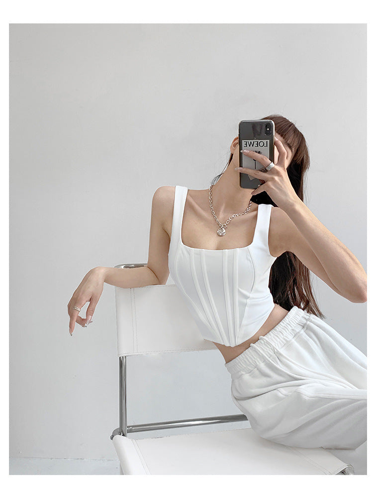 Square Collar Fishbone Waist Girdle Spaghetti-strap Camisole Top ARZ