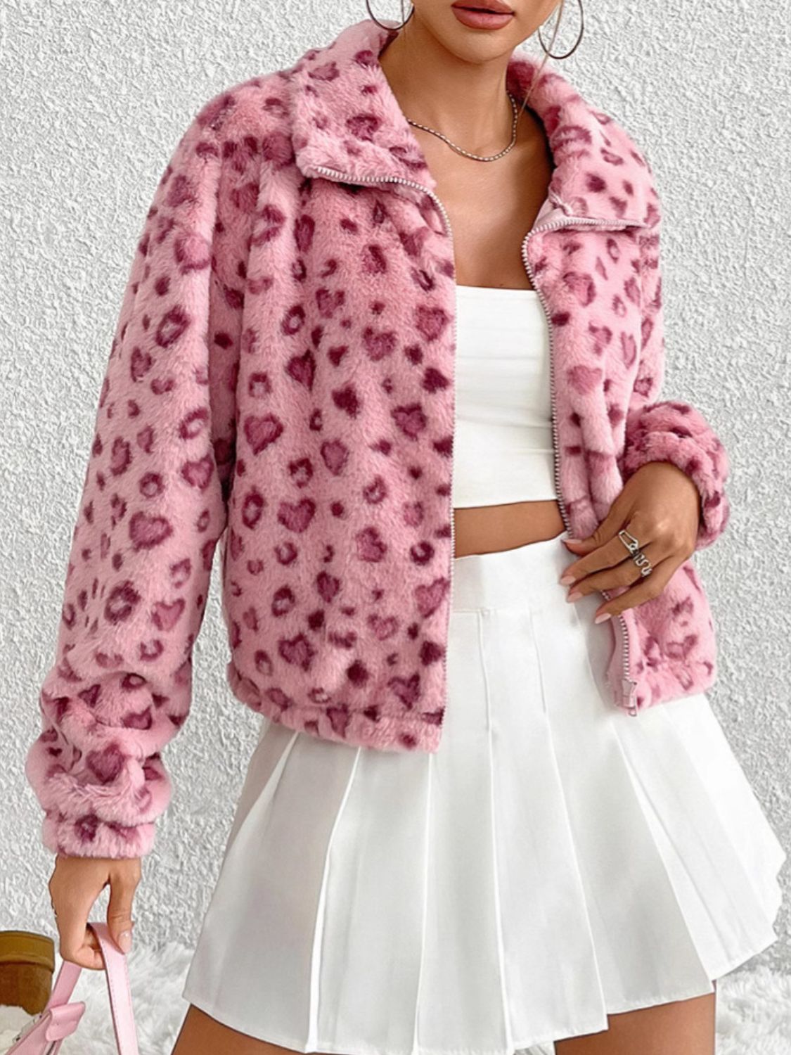 Leopard Zip Up Long Sleeve Furry Jacket Trendsi