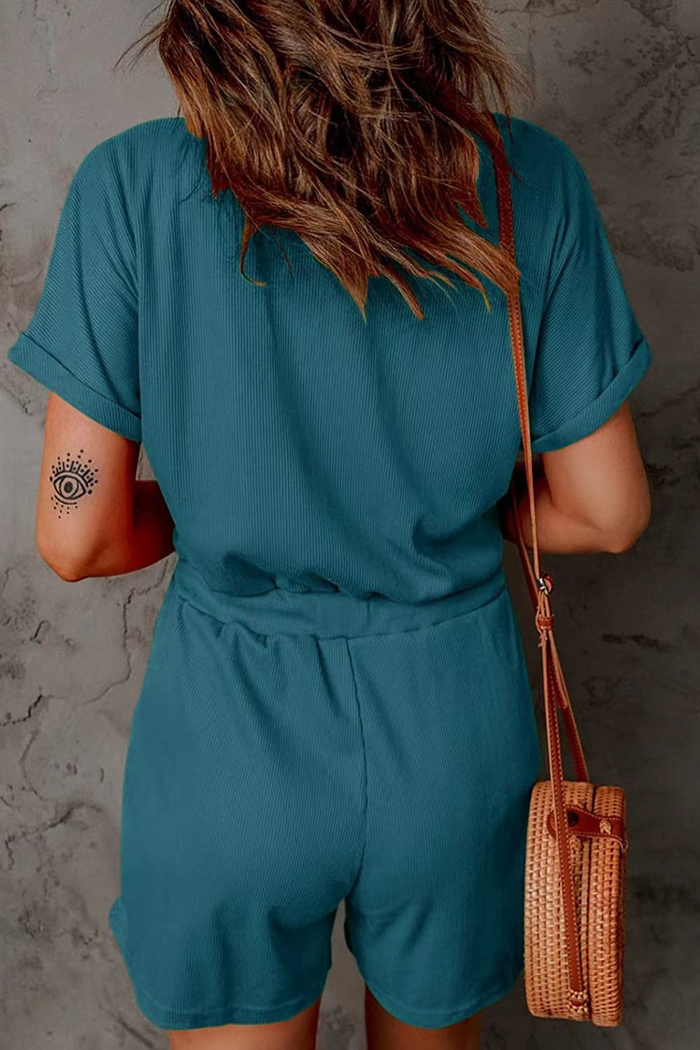 Full Size Drawstring V-Neck Short Sleeve Romper Trendsi