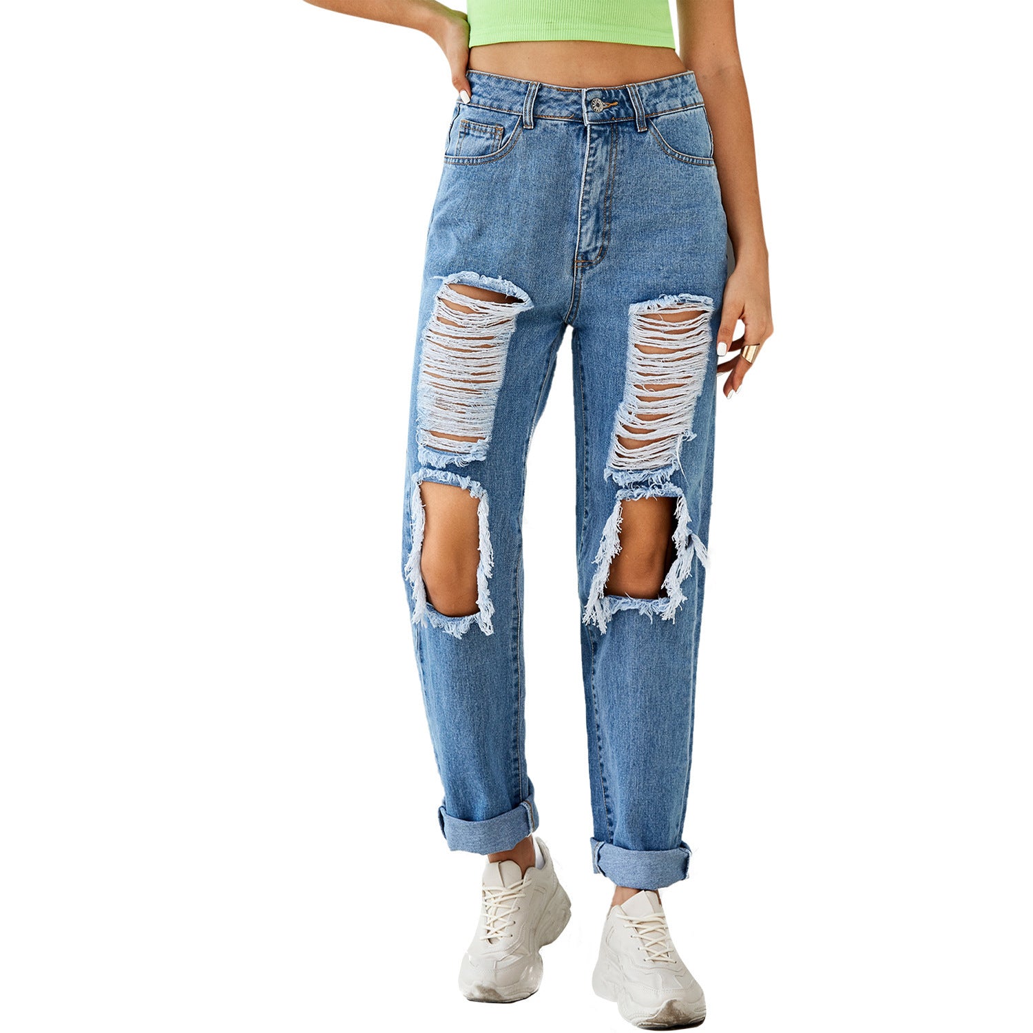 Women's Fashion High Waist Ripped Straight Denim Trousers ARZ