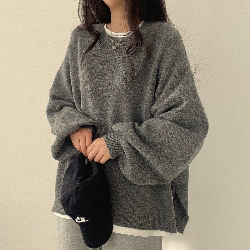 Temperament Crew Neck Pullover Lantern Sleeve Loose Sweater For Women ARZ