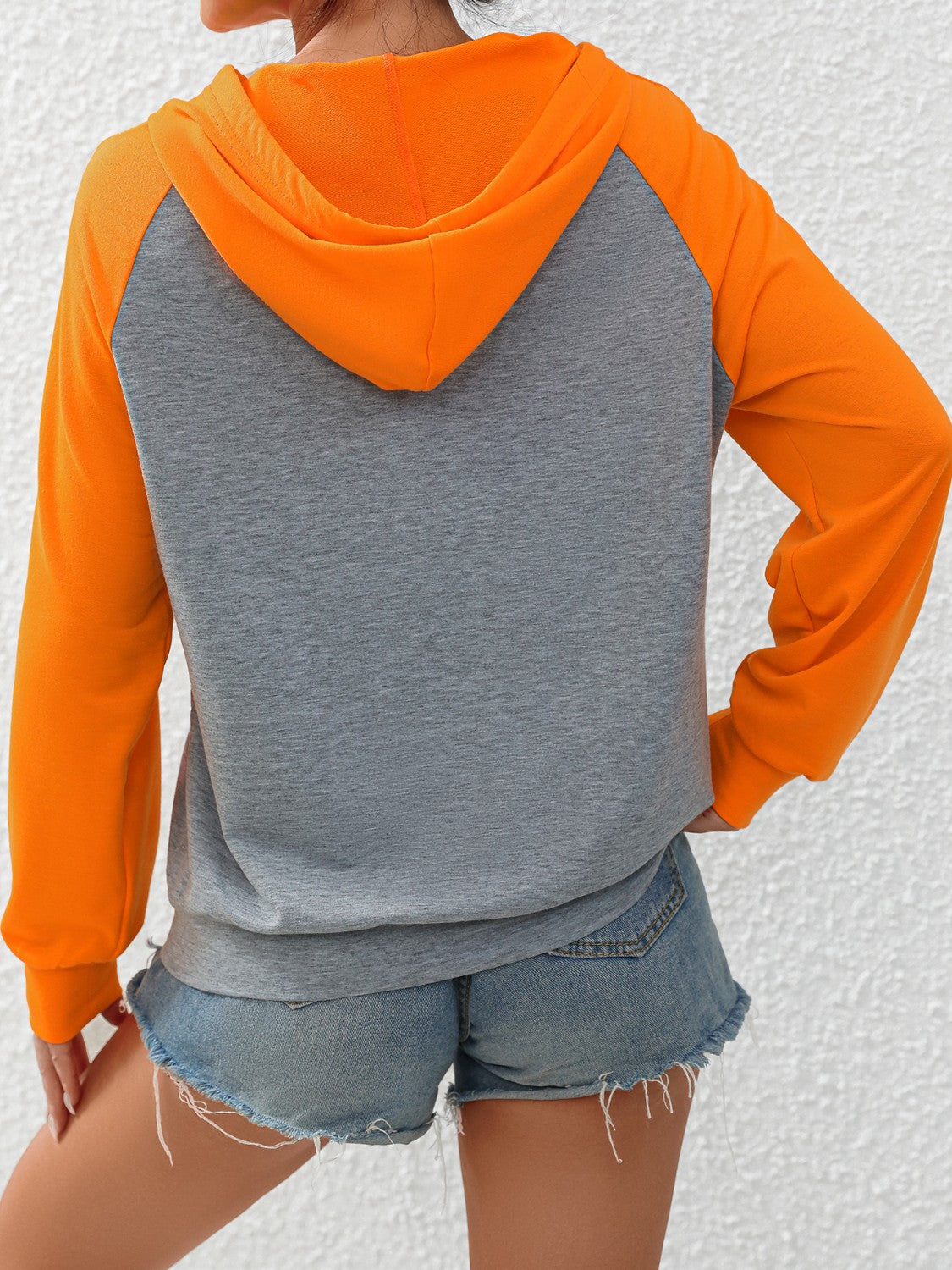 Contrast Raglan Sleeve Drawstring Hoodie Trendsi