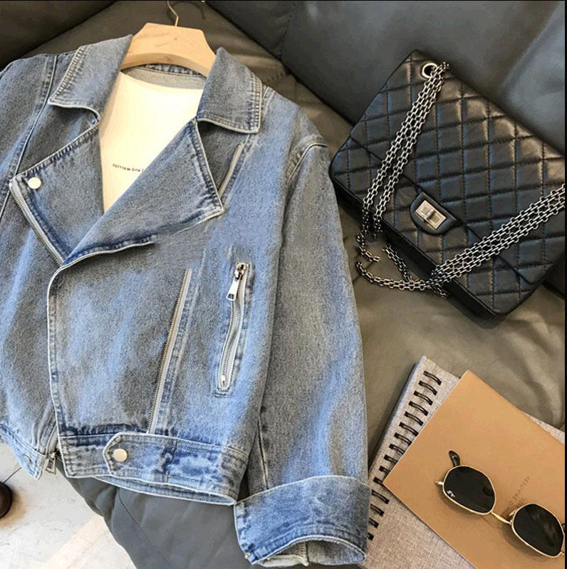 Fashion Motorcycle Lapel Long-sleeve Zipper Denim Jacket ARZ