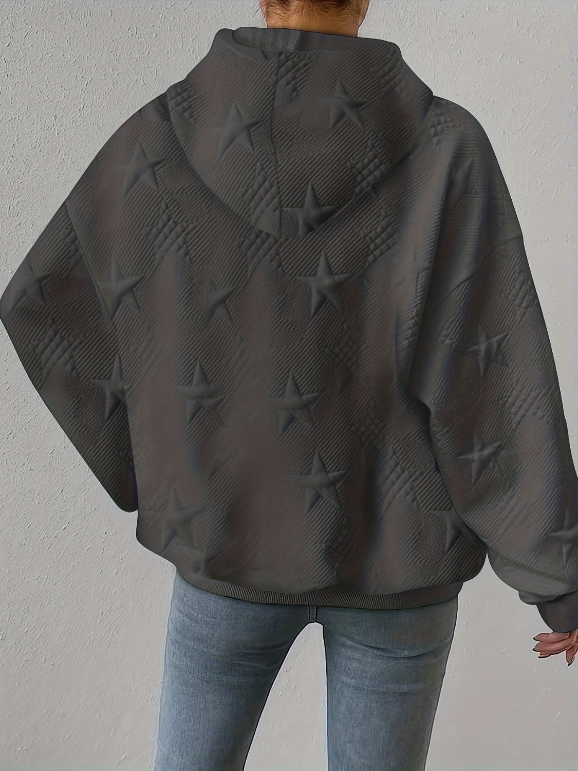 Drawstring Hoodie - Plus Size Star Texture Long Sleeve Hoodie Trendsi